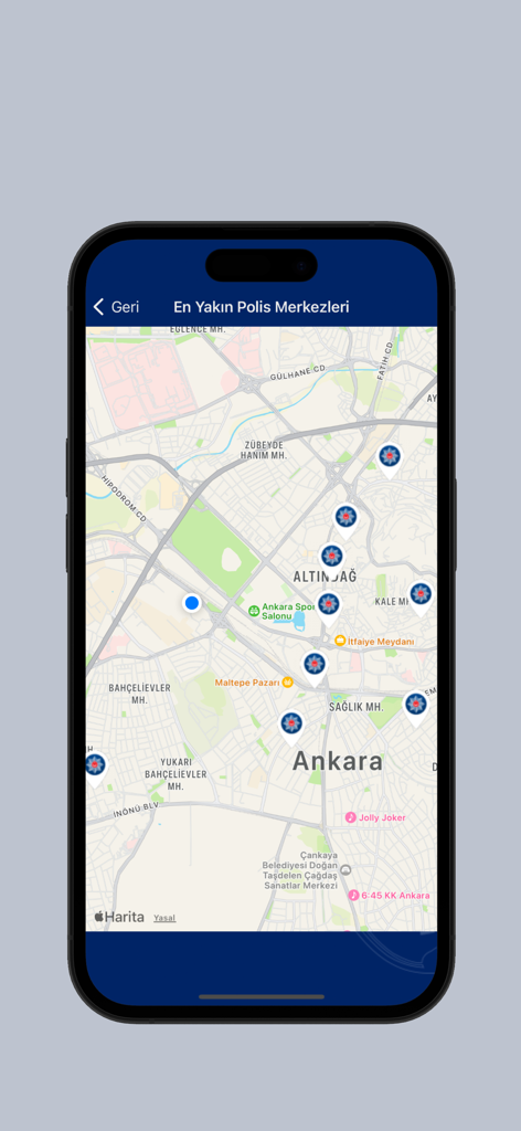 EGM Mobil - Mappa delle stazioni di polizia più vicine ad Ankara mostrata sull'app EGM Mobil