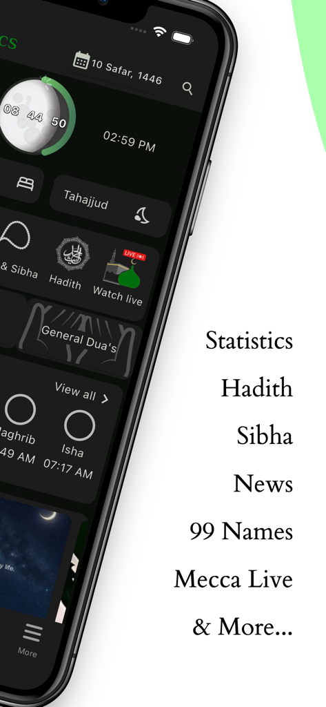 Islamtics: Quran, Qibla & Azan - Smartphone screen displaying the Islamtics app dashboard with features like prayer times, Hadith, and live Mecca stream.