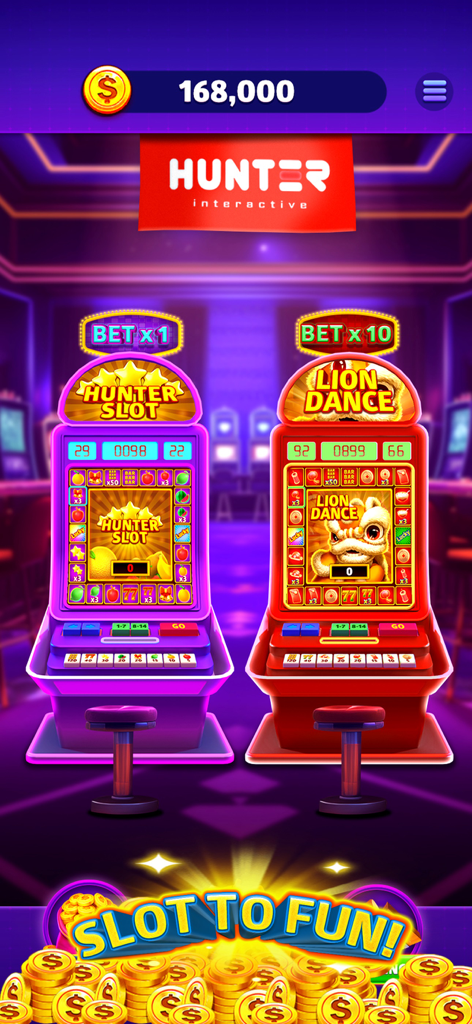 Hunter Slot - Hunter Slot app interface displaying two virtual slot machines and current chip balance