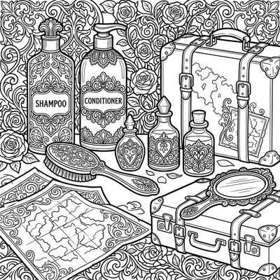Embark on a mysterious journey with our Gothic Haircare & Vacation coloring page, featuring ornate shampoo bottles, vintage luggage, and antique maps. This intricate design invites you to infuse dark elegance into every detail, blending beauty rituals with the thrill of travel.