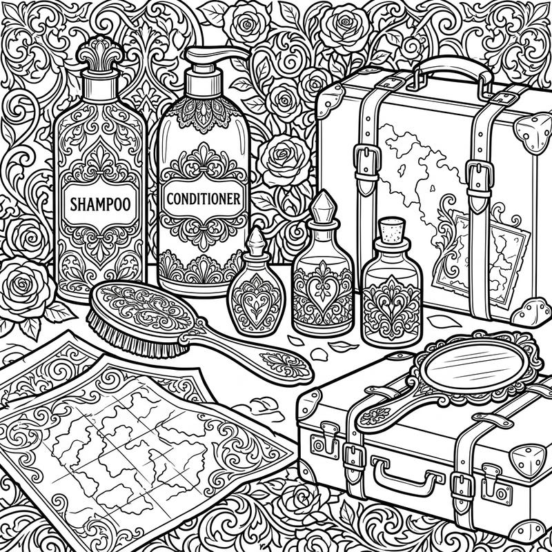 Embark on a mysterious journey with our Gothic Haircare & Vacation coloring page, featuring ornate shampoo bottles, vintage luggage, and antique maps. This intricate design invites you to infuse dark elegance into every detail, blending beauty rituals with the thrill of travel.