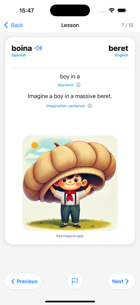 Keymagine - Spanish vocabulary lesson in Keymagine app showing a visual mnemonic for the word boina.