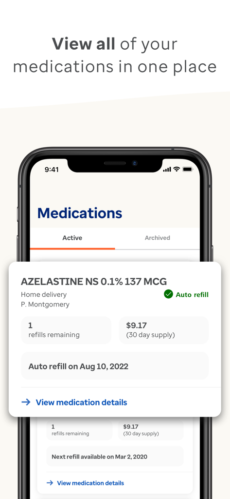 OptumRx mobile app interface displaying a list of active medications with auto refill status and pricing details
