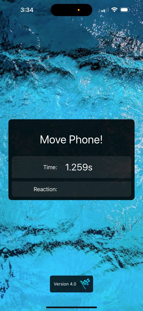 Racing Start Simulator - Racing Start Simulator app screen showing a reaction time measurement and a prompt to move the phone