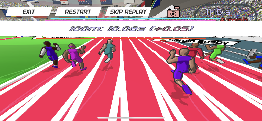 Speed Starsモバイルゲームの100mダッシュレースのゲームプレイリプレイ。ランナーたちがトラックにいる