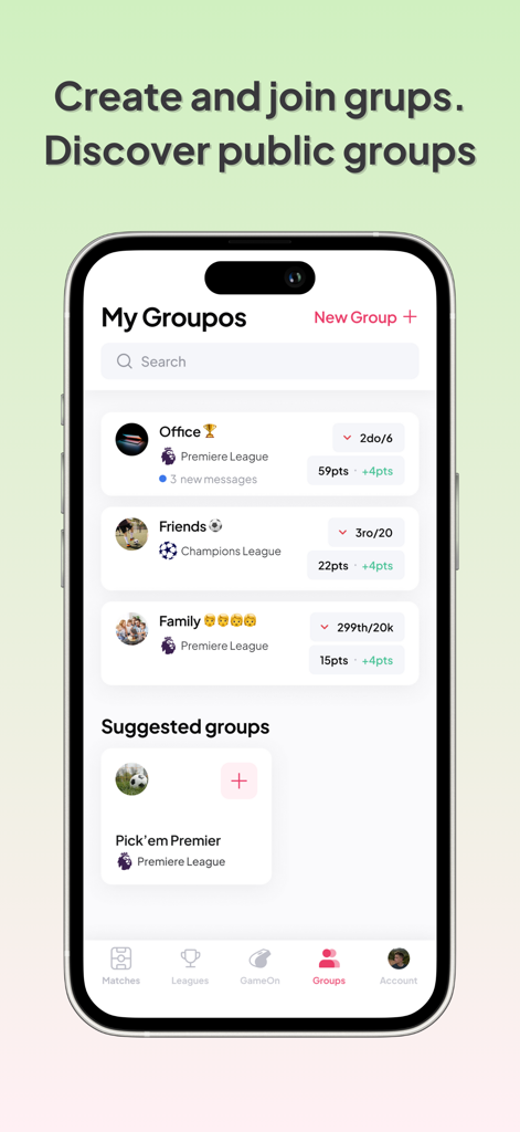 Interface of the GameOn app showing private soccer prediction groups for office friends and family.