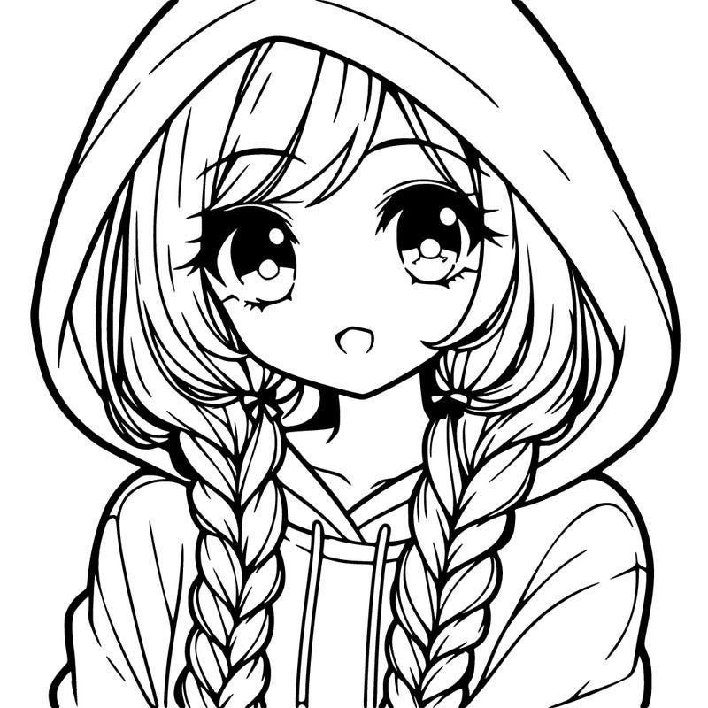 anime girl with long braids and hoodie