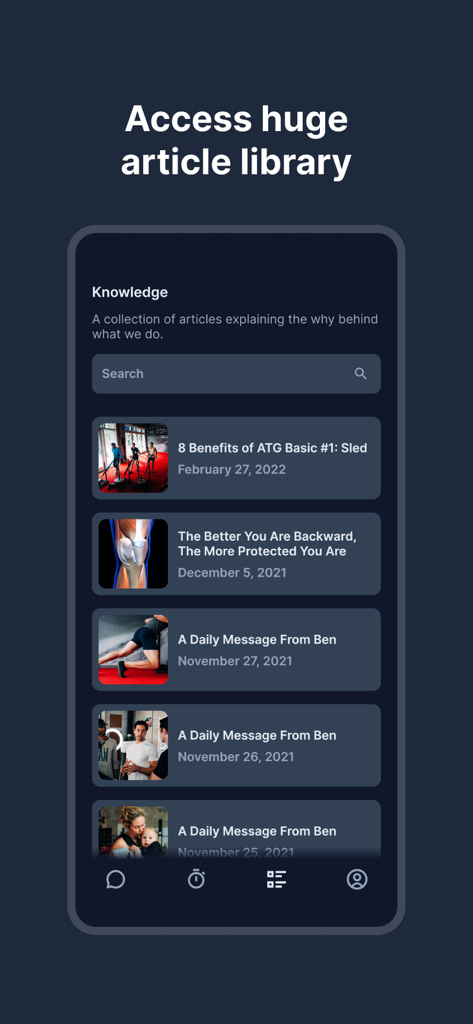 ATG Online Coaching - Knowledge screen in the ATG Online Coaching app displaying a library of fitness and biomechanics articles.