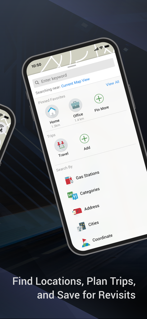 Garmin StreetCross App-Oberfläche mit Suchoptionen, gespeicherten Favoriten und Reiseplanungsfunktionen.