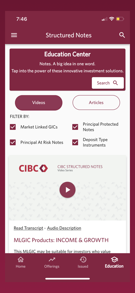 Education Center screen of the CIBC Structured Notes app featuring investment learning videos and articles.