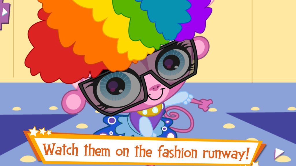 Littlest Pet Shop: Pet Style - Minka the monkey wearing a rainbow wig and glasses on a fashion runway in Littlest Pet Shop Pet Style