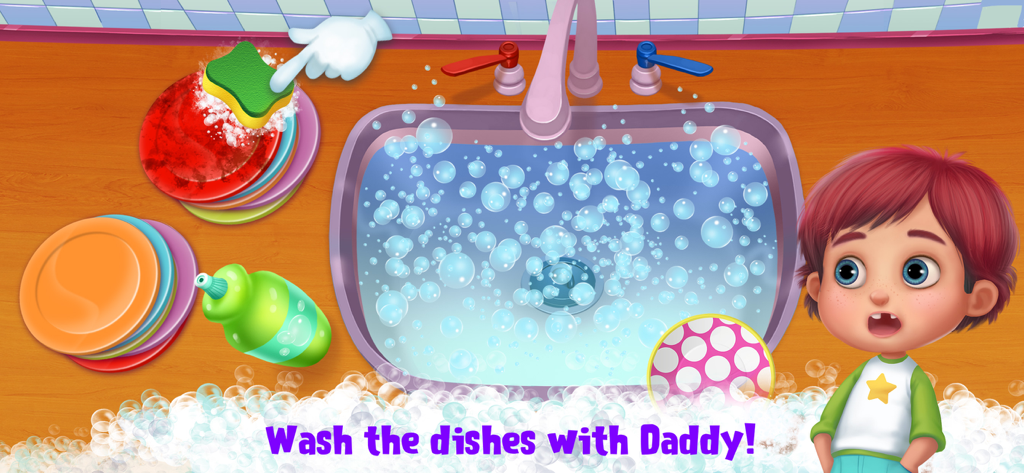 Daddy's Little Helper - A cartoon boy character watching a sponge wash dishes in a sink full of soap bubbles.