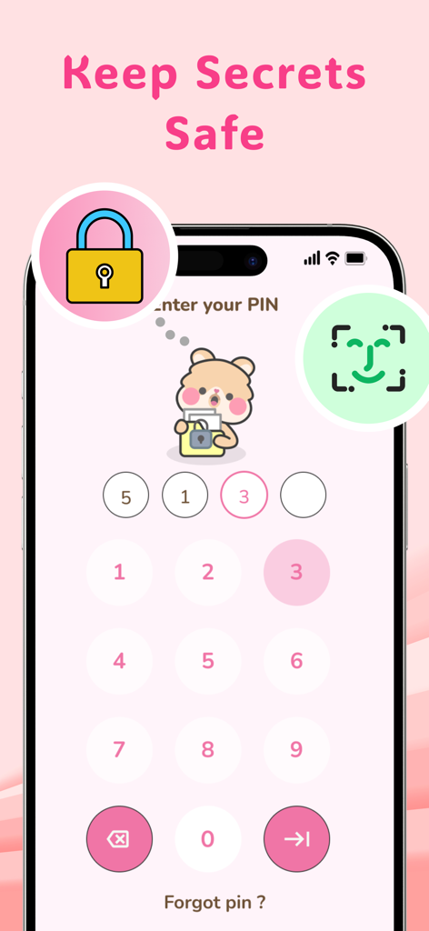 My Daily Diary - Mood Journal - 귀여운 만화 캐릭터와 숫자 키패드가 있는 나의 하루 일기 앱을 위한 보안 PIN 및 FaceID 잠금 화면.