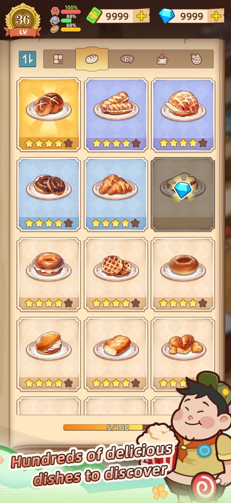 My Bakery Story-Decorate &Grow - A menu showing a collection of unlockable bread and pastry recipes in My Bakery Story.