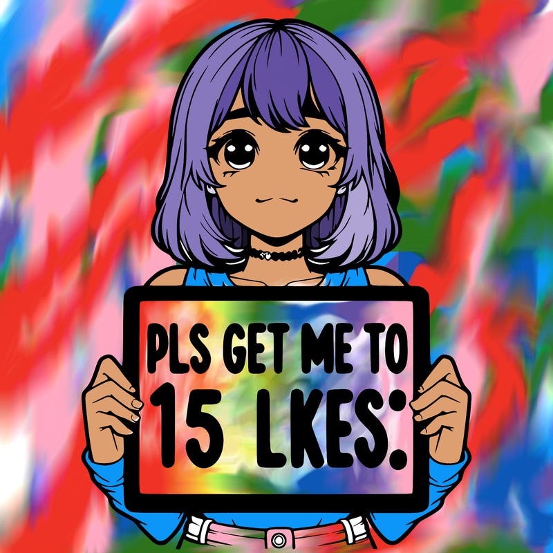 realistic girl holding up a sign that says “pls get me to 15 likes!”