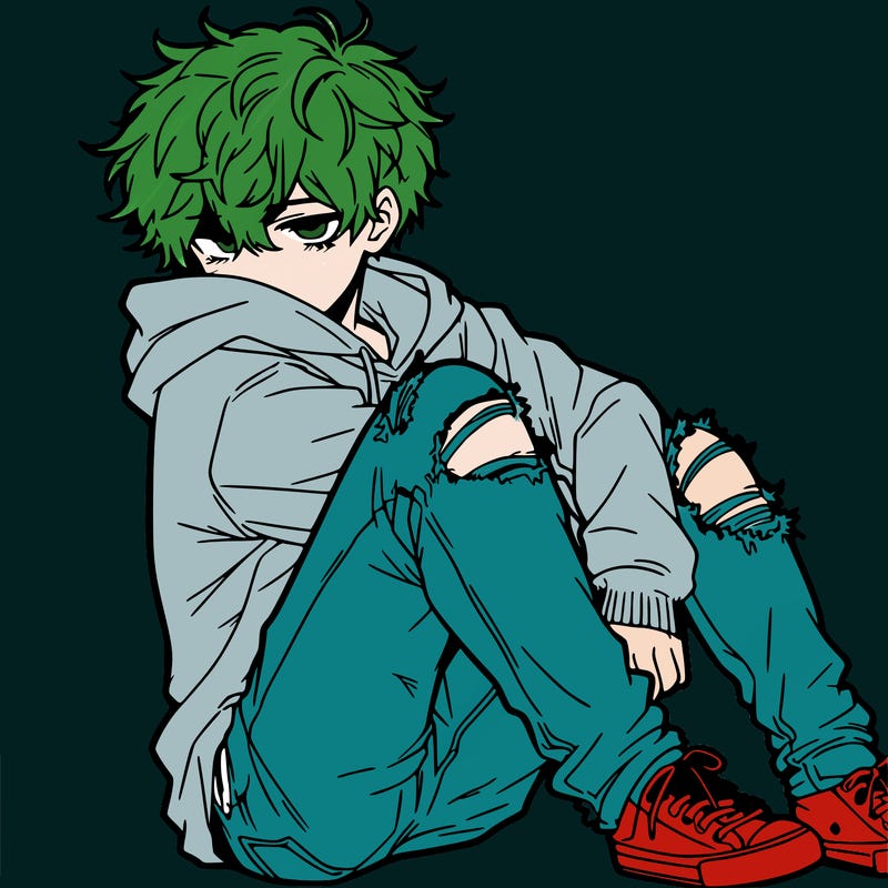a male hoddie ripped jeans messy hair anime
