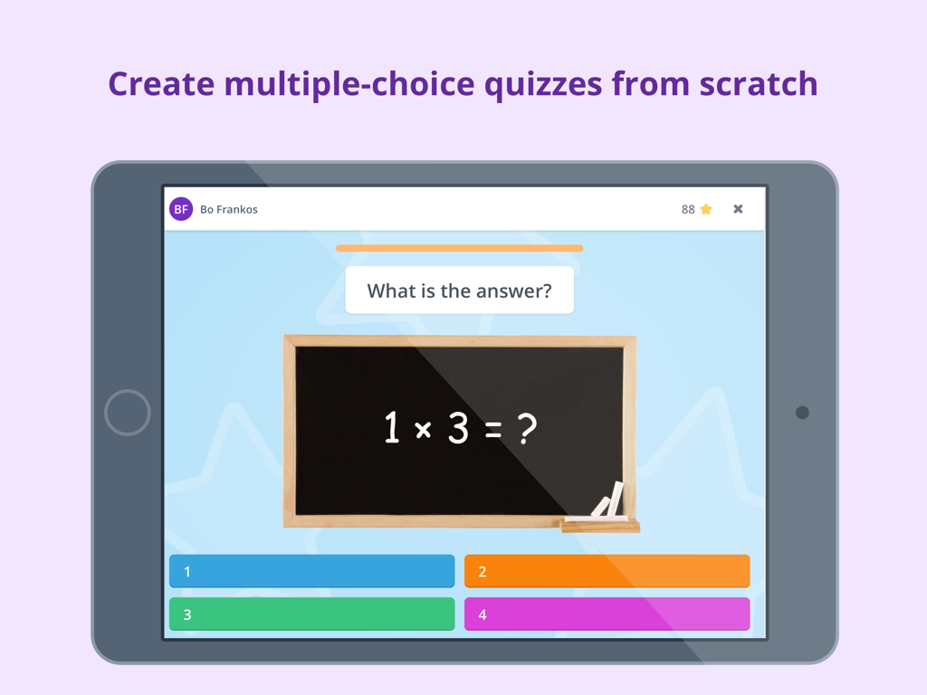 Un quiz de mathématiques Gynzy sur un iPad affichant une question de multiplication et des boutons à choix multiples.