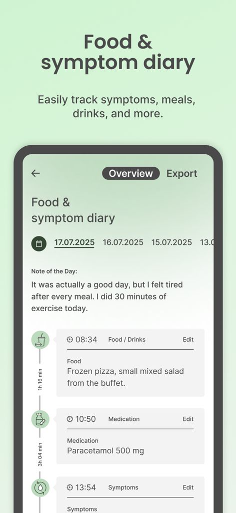 Interface du journal alimentaire et des symptômes de l'application Ask Ingrid montrant un calendrier quotidien avec des entrées de repas et de médicaments