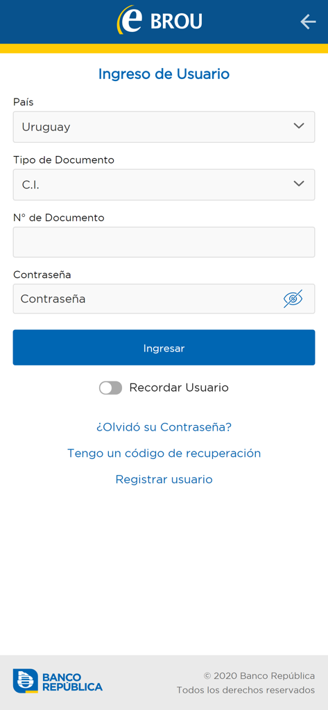 App eBROU mobile banking login screen showing fields for user credentials and country selection