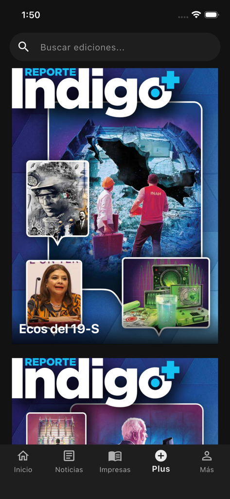 Reporte Índigo - Reporte Indigo app interface showing the Plus section with featured investigative news editions.