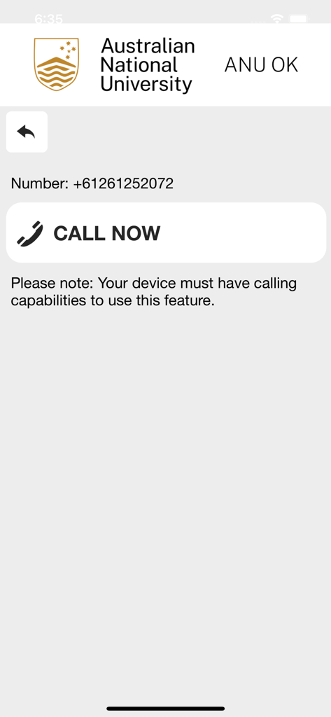 Emergency call screen within the ANUOK app showing a Call Now button for campus security.