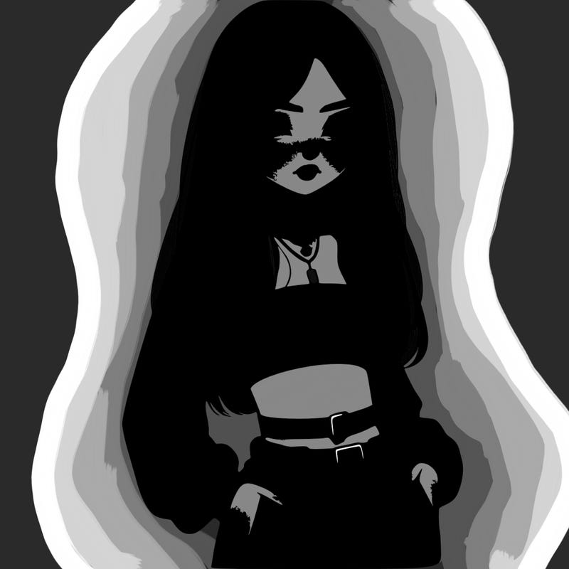 a girl with long black hair wearing a crop top and baggy pants. realistic girl.