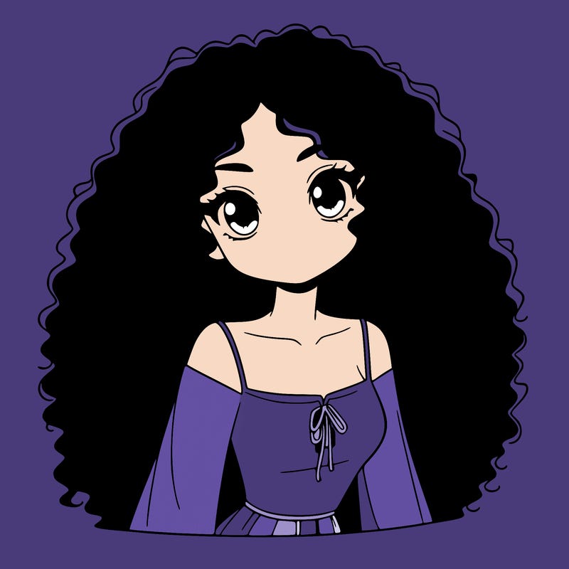 a black anime girl with long afro hair