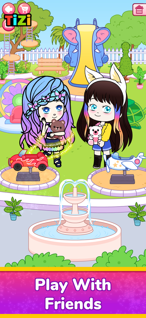 Doll Dress Up Games for Girls - Tizi Townのカラフルな公園の遊び場でテディベアを持った2体のアニメちびキャラドール