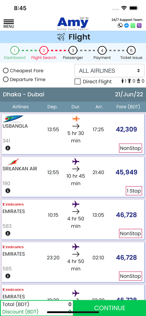 Interface de résultats de recherche de vols de l'application Amy BD montrant les tarifs et les horaires de Dhaka à Dubaï.