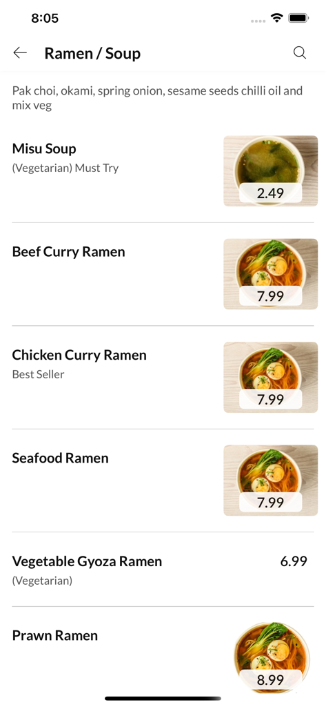 Ramen and soup menu selection in the Sushi Park mobile app