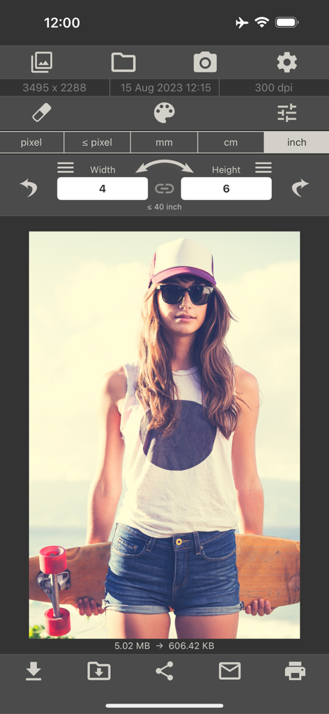 Schermata dell'app Dimensioni Immagine che mostra una foto in fase di ridimensionamento a 4 per 6 pollici