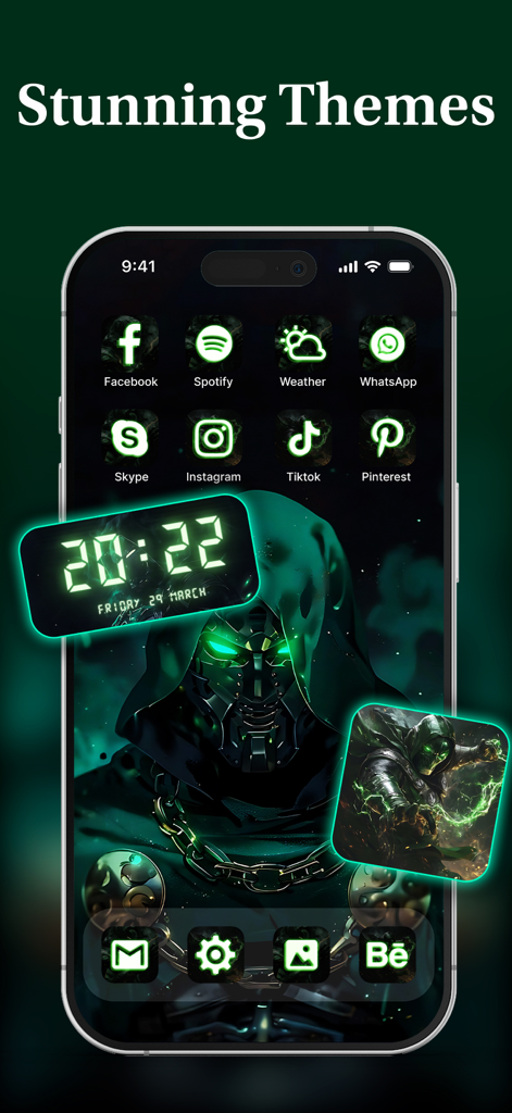 Écran d'accueil d'iPhone affichant un thème vert néon foncé avec des icônes d'applications personnalisées et un widget d'horloge numérique