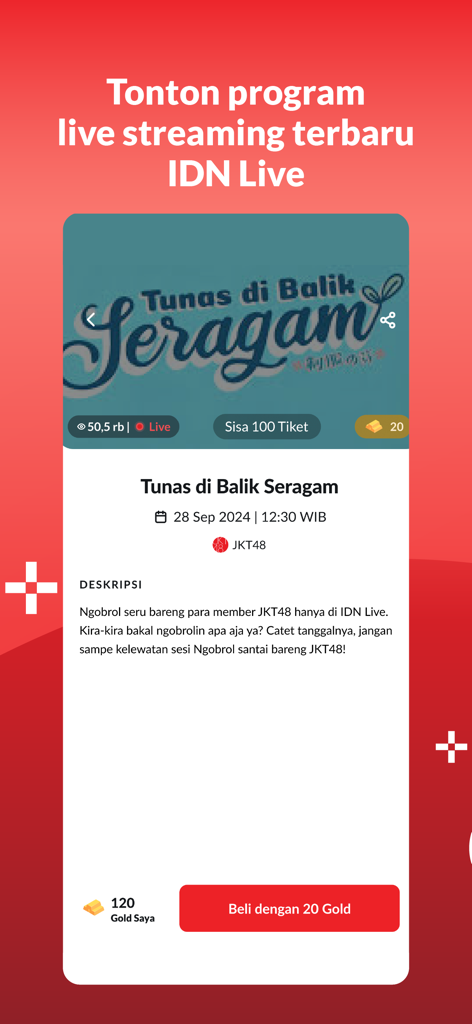 A screenshot of the IDN App interface showing a live streaming program titled Tunas di Balik Seragam featuring JKT48.