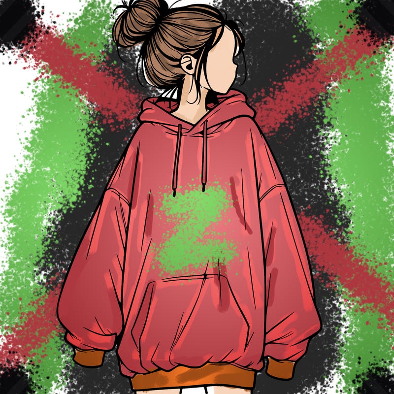 realistic girl with a oversized sweatshirt on and a bun