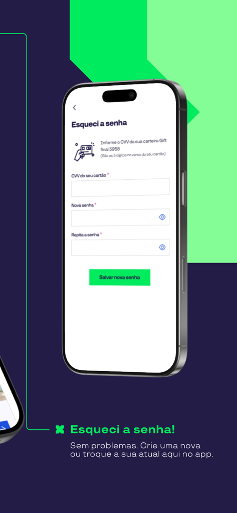 Capture d'écran de l'application mobile Pluxee Brasil pour la réinitialisation d'un mot de passe oublié, affichant le CVV et les champs du nouveau mot de passe.