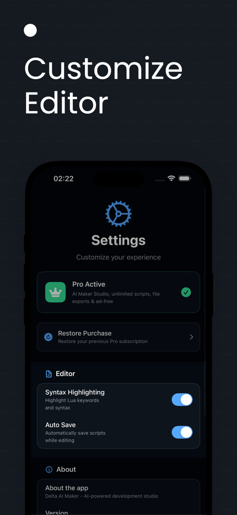 Delta AI: Script Executor Blox - Settings screen of the Delta AI app showing editor customization options like syntax highlighting and auto save
