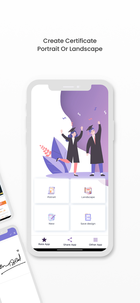 Certificate Maker:Creator - Pantalla de inicio de la aplicación Certificate Maker Creator mostrando opciones de diseño de certificados en formato vertical y horizontal.