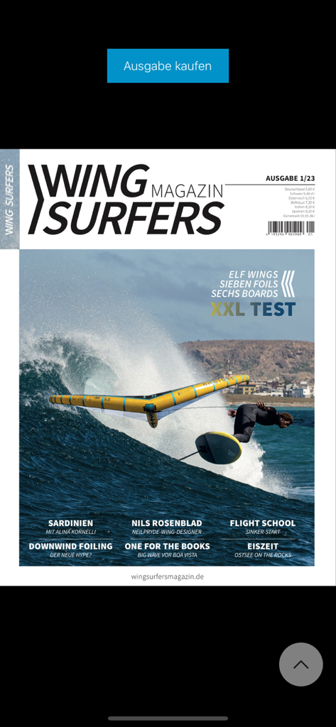 Copertina di Wing Surfers Magazin che mostra un wing foiler che cavalca una grande onda oceanica