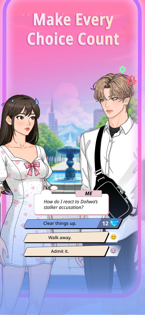 Une capture d'écran du gameplay de Unfolded Webtoon Stories montrant une interaction de personnage avec trois choix de dialogue différents.