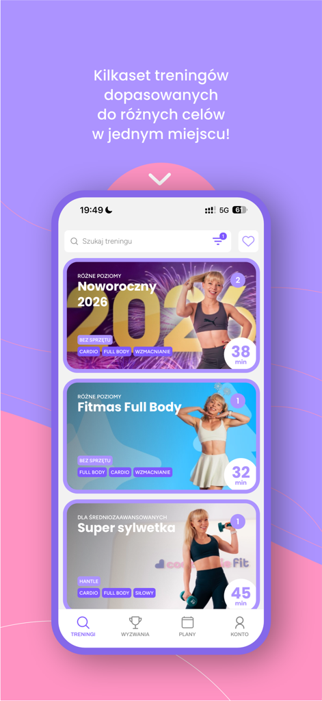 Codziennie Fit - Codziennie Fit app interface showing a list of home workout videos including New Year and Full Body training sessions led by Marta Kruk.