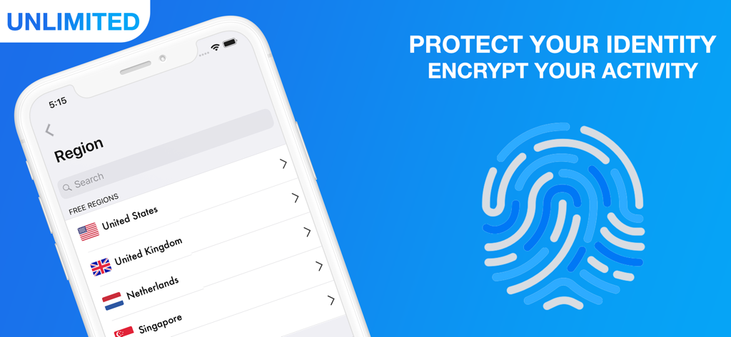 Mobile app interface showing free VPN regions for private and encrypted browsing
