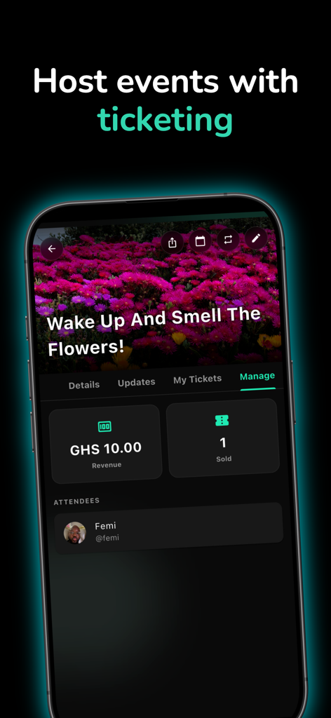 WhatWhenWhere? - WhatWhenWhere app screen showing event management tools with revenue data and attendee list