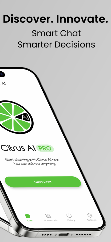 Citrus AI - Citrus AI 앱 홈 화면이 iPhone에서 시작 채팅 버튼과 기본 탐색 메뉴를 보여주고 있습니다.