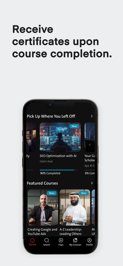 almentor: Online Courses - スマートフォンにAlmentorアプリのインターフェースが表示され、SEOやリーダーシップに関する教育コースと、完了時に認定証を受け取るというテキストが表示されている様子。