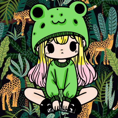 a girl wearing a frog hat and some frog socks