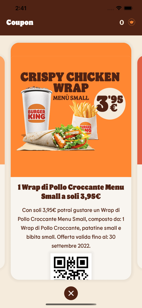 Burger King Italia - A digital coupon from the Burger King Italia app showing a Crispy Chicken Wrap Small Menu offer for 3.95 Euros including a QR code
