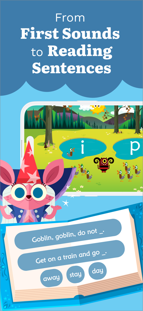 Teach Your Monster to Read - Interfaz de la aplicación educativa que muestra lecciones de fonética y actividades de completación de oraciones para niños