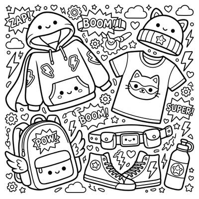 Dive into a super-cute world of superhero style with this Kawaii-inspired coloring page designed for teens. Featuring trendy apparel and accessories, it's a fun way to express your creativity.
