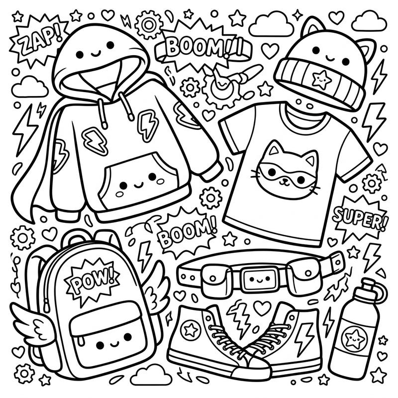 Dive into a super-cute world of superhero style with this Kawaii-inspired coloring page designed for teens. Featuring trendy apparel and accessories, it's a fun way to express your creativity.