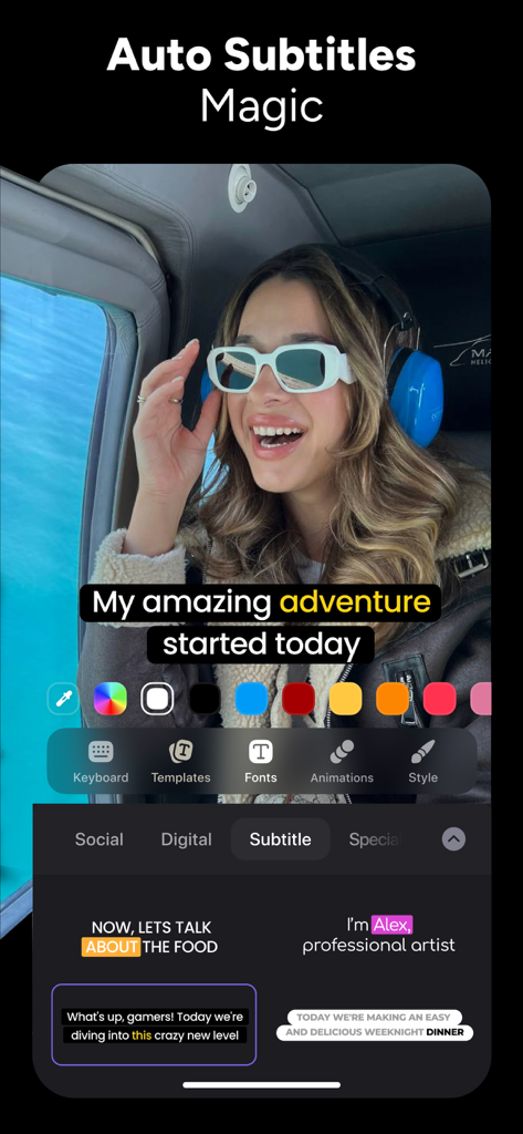 Benutzeroberfläche der Instories-App, die die automatische Untertitelfunktion bei der Verwendung eines Videos zeigt